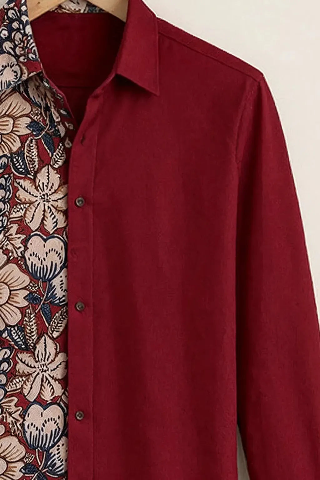 Niflon Premium Maroon Floral Half Printed Designer Full Sleeve Casual Party Wear Shirt for Men | Cotton Blend Stylish Color Block Button-Down Regular Fit Fashion Shirt