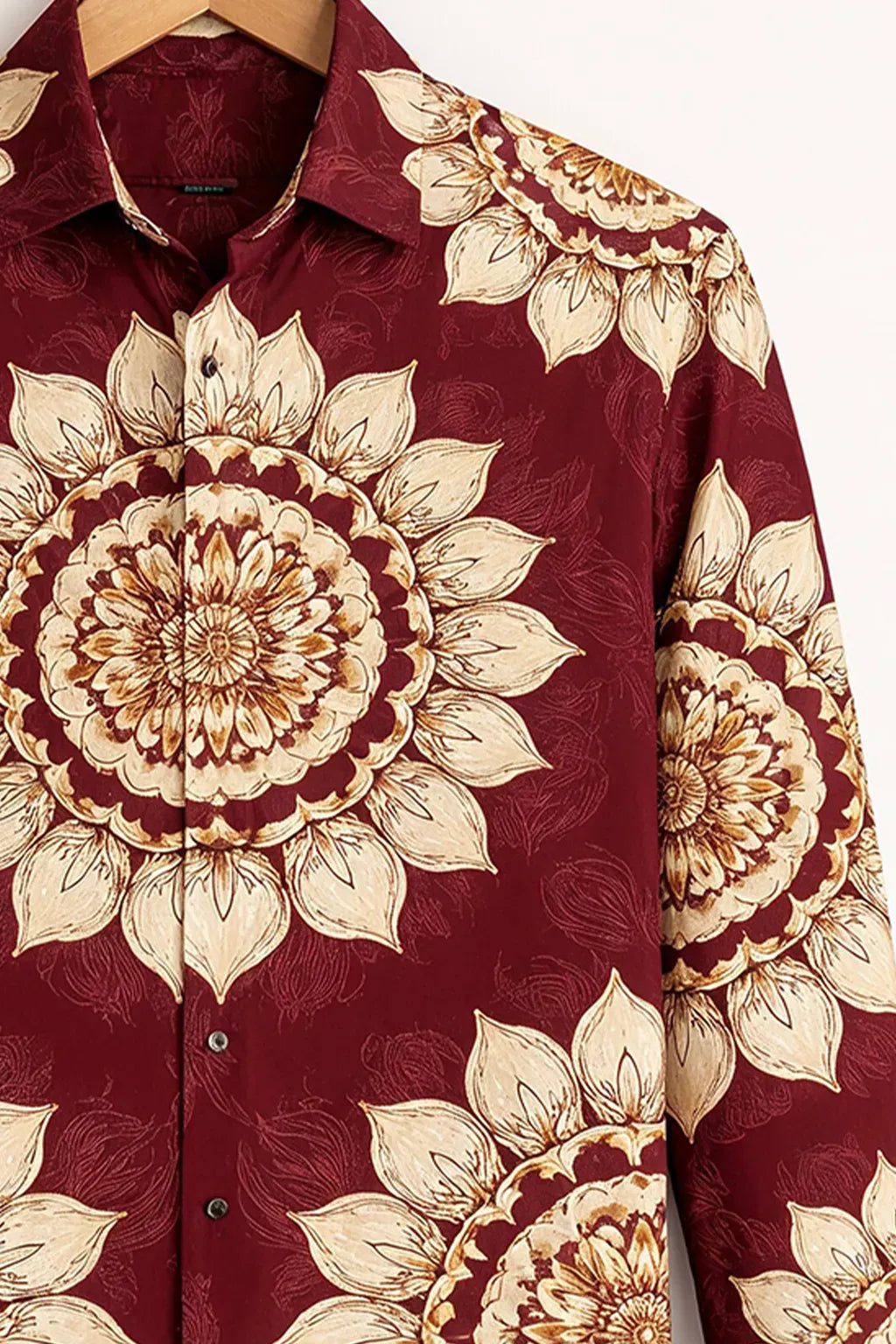 Niflon Premium Maroon Floral Mandala Printed Designer Full Sleeve Casual Party Wear Shirt for Men | Cotton Blend Stylish Button-Down Ethnic Fashion Shirt | Regular Fit Festival & Wedding Wear