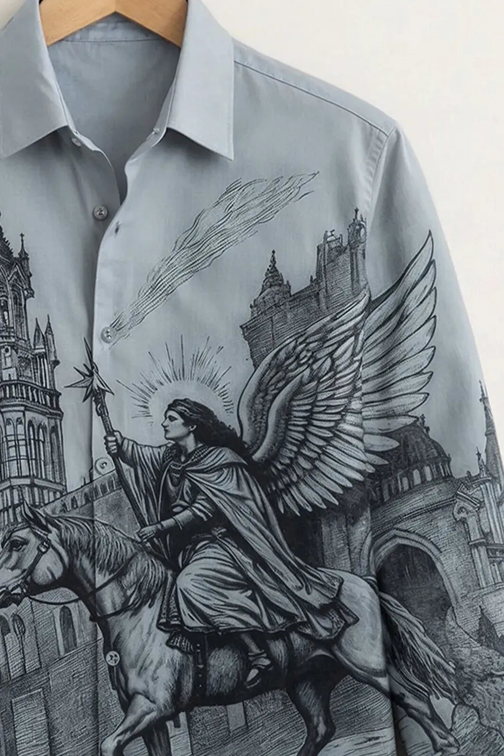 Niflon Premium Grey Vintage Angel Graphic Printed Designer Full Sleeve Casual Shirt for Men | Cotton Blend Artistic Button-Down Regular Fit Fashion Shirt | Gothic Streetwear Party Wear
