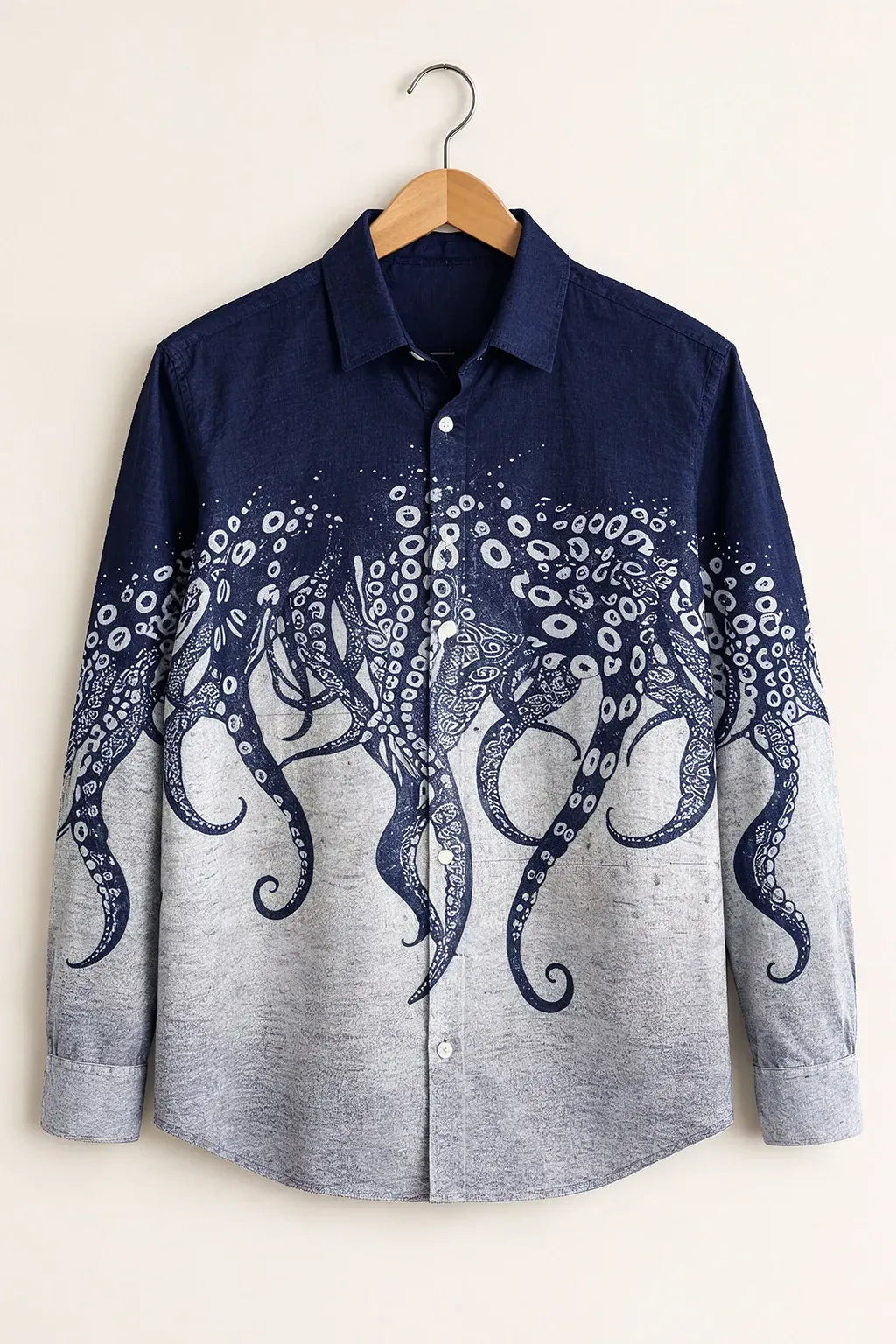 Niflon Premium Navy Blue Octopus Graphic Printed Designer Full Sleeve Casual Shirt for Men | Cotton Blend Artistic Button-Down Regular Fit Fashion Shirt | Marine Ocean Theme Party Wear