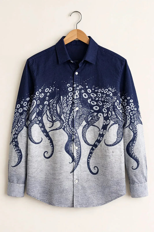 Niflon Premium Navy Blue Octopus Graphic Printed Designer Full Sleeve Casual Shirt for Men | Cotton Blend Artistic Button-Down Regular Fit Fashion Shirt | Marine Ocean Theme Party Wear