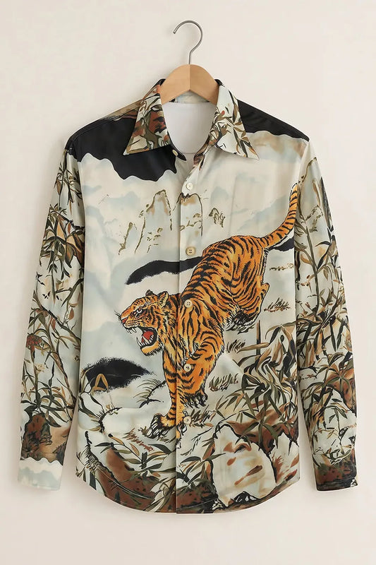 Niflon Premium Tiger Graphic Printed Designer Full Sleeve Casual Shirt for Men | Cotton Blend Wildlife Art Button-Down Regular Fit Fashion Shirt | Jungle Theme Party Wear