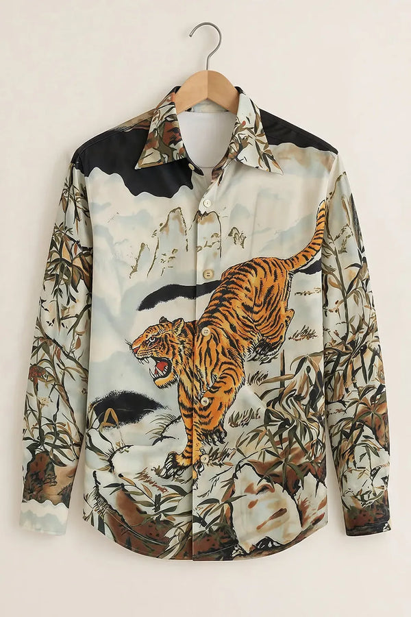 Niflon Premium Tiger Graphic Printed Designer Full Sleeve Casual Shirt for Men | Cotton Blend Wildlife Art Button-Down Regular Fit Fashion Shirt | Jungle Theme Party Wear