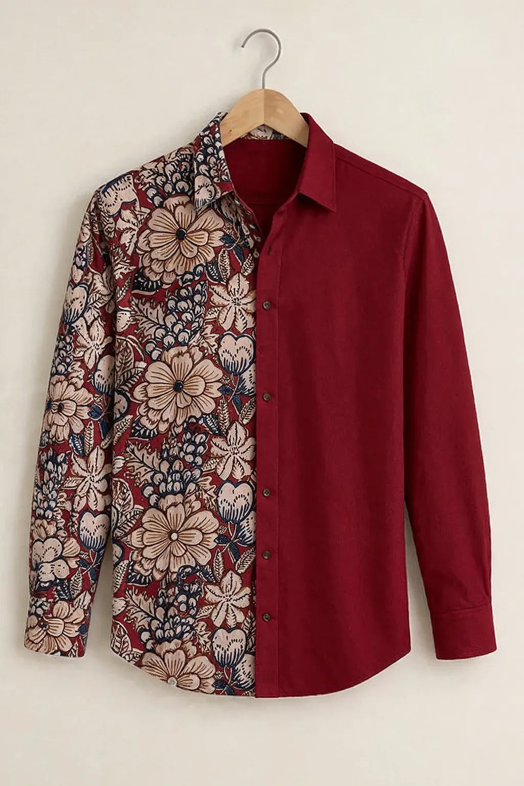 Niflon Premium Maroon Floral Half Printed Designer Full Sleeve Casual Party Wear Shirt for Men | Cotton Blend Stylish Color Block Button-Down Regular Fit Fashion Shirt