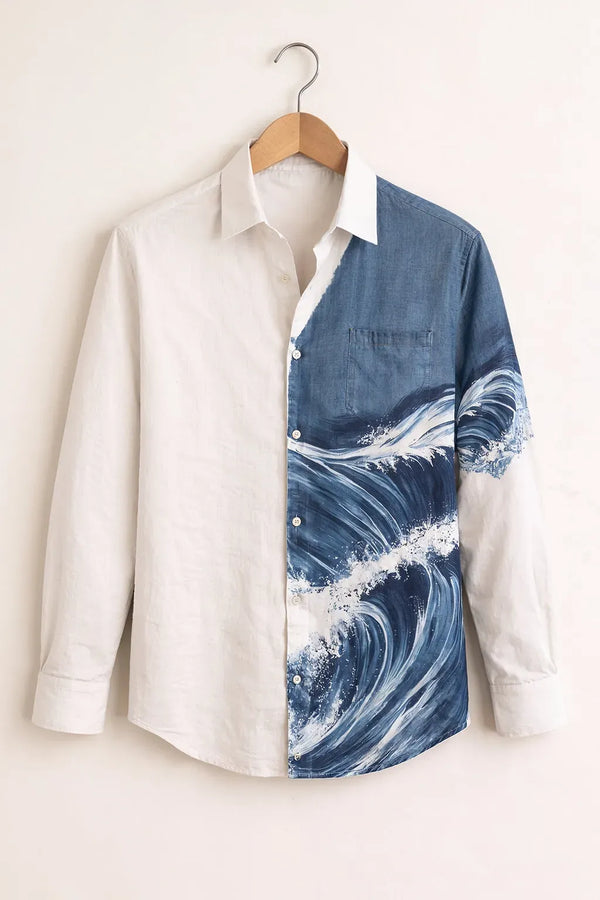 Niflon Premium White & Blue Ocean Wave Printed Designer Full Sleeve Casual Shirt for Men | Cotton Blend Stylish Button-Down Beach Vacation Shirt | Regular Fit Fashion Wear
