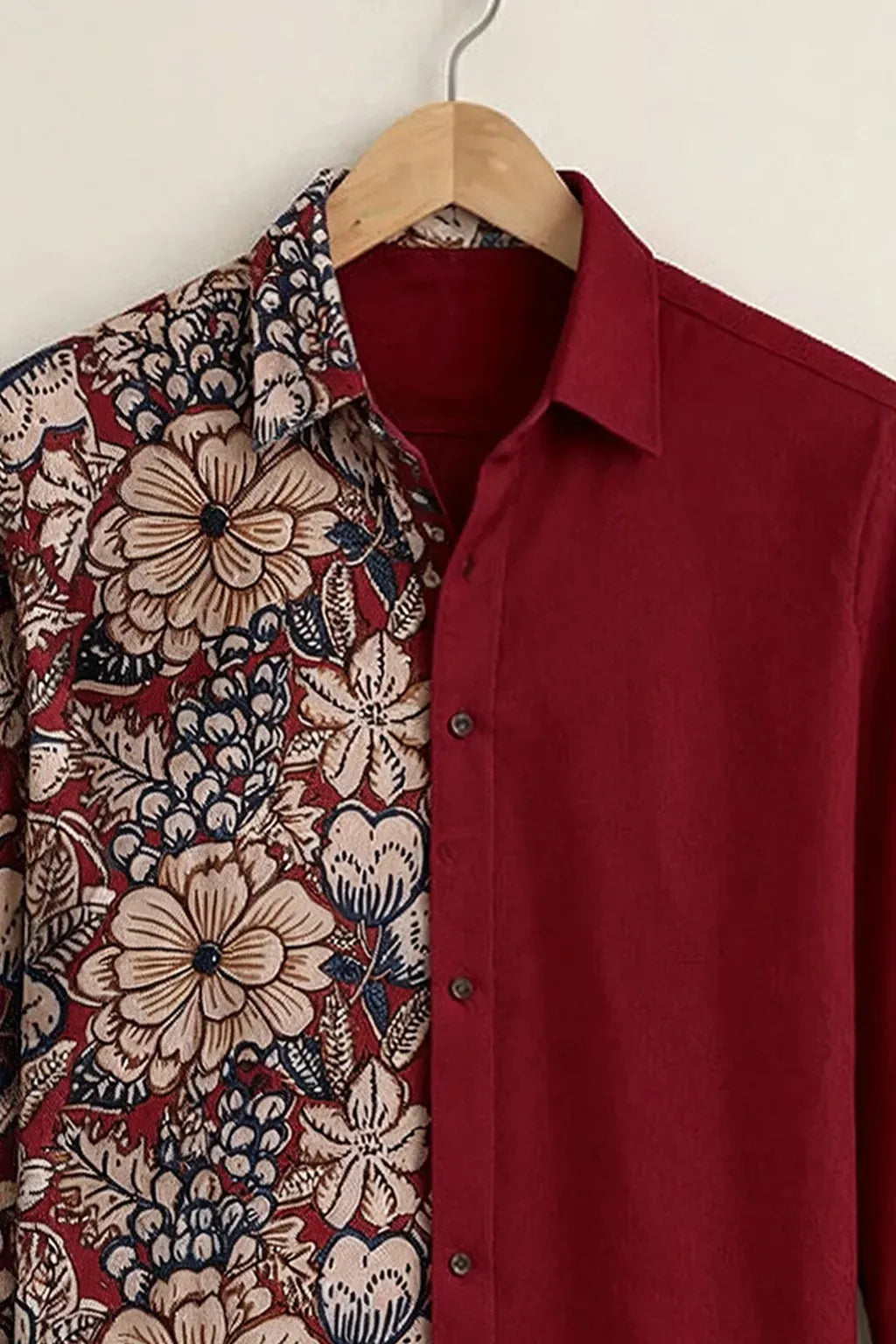 Niflon Premium Maroon Floral Half Printed Designer Full Sleeve Casual Party Wear Shirt for Men | Cotton Blend Stylish Color Block Button-Down Regular Fit Fashion Shirt