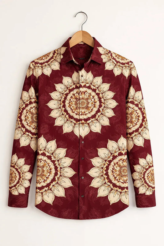 Niflon Premium Maroon Floral Mandala Printed Designer Full Sleeve Casual Party Wear Shirt for Men | Cotton Blend Stylish Button-Down Ethnic Fashion Shirt | Regular Fit Festival & Wedding Wear