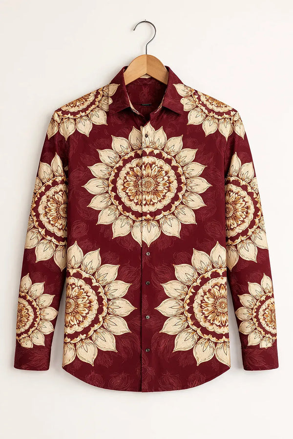 Niflon Premium Maroon Floral Mandala Printed Designer Full Sleeve Casual Party Wear Shirt for Men | Cotton Blend Stylish Button-Down Ethnic Fashion Shirt | Regular Fit Festival & Wedding Wear