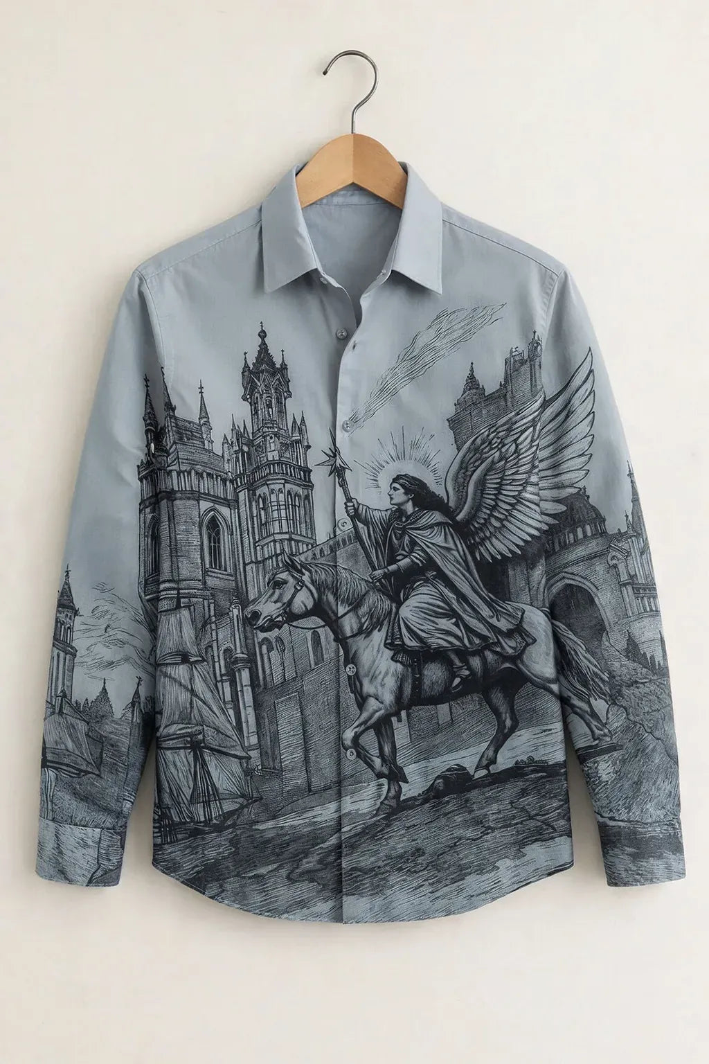 Niflon Premium Grey Vintage Angel Graphic Printed Designer Full Sleeve Casual Shirt for Men | Cotton Blend Artistic Button-Down Regular Fit Fashion Shirt | Gothic Streetwear Party Wear