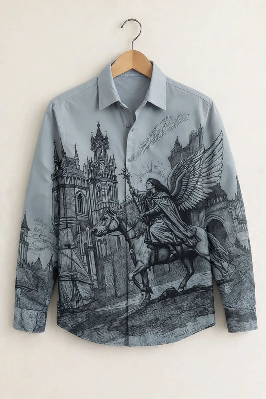 Niflon Premium Grey Vintage Angel Graphic Printed Designer Full Sleeve Casual Shirt for Men | Cotton Blend Artistic Button-Down Regular Fit Fashion Shirt | Gothic Streetwear Party Wear