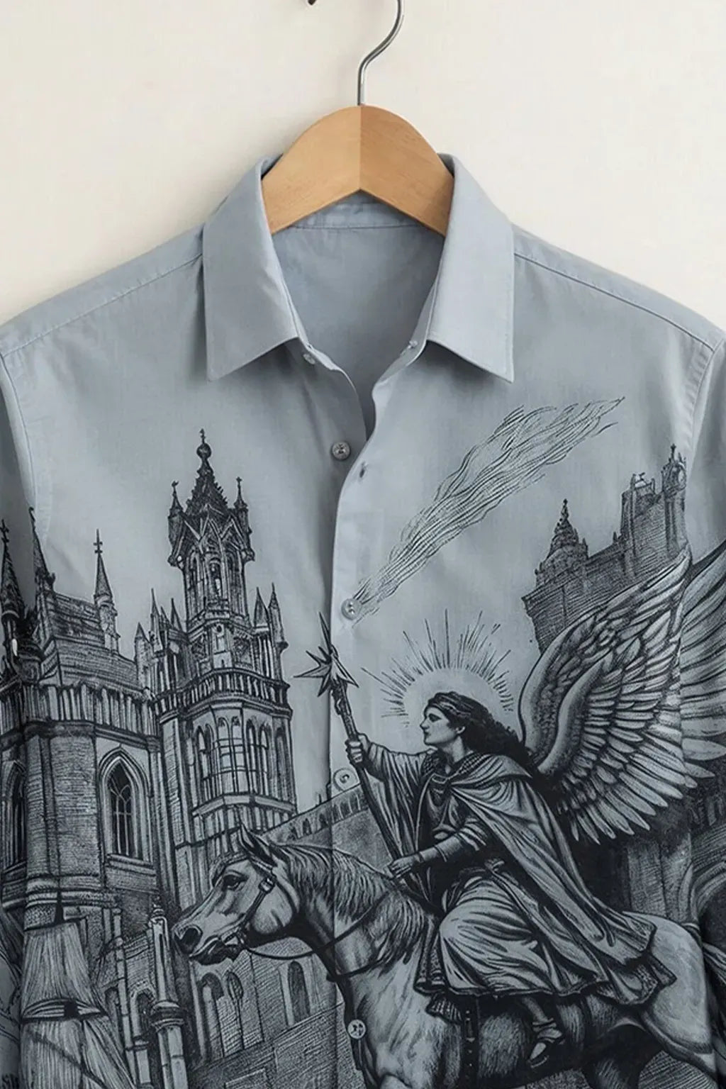 Niflon Premium Grey Vintage Angel Graphic Printed Designer Full Sleeve Casual Shirt for Men | Cotton Blend Artistic Button-Down Regular Fit Fashion Shirt | Gothic Streetwear Party Wear