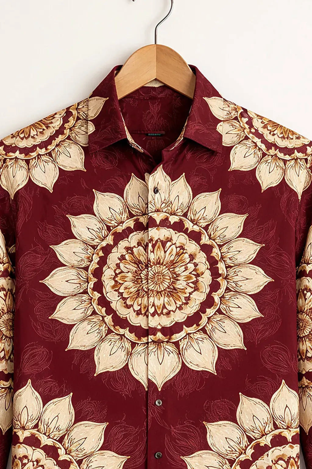Niflon Premium Maroon Floral Mandala Printed Designer Full Sleeve Casual Party Wear Shirt for Men | Cotton Blend Stylish Button-Down Ethnic Fashion Shirt | Regular Fit Festival & Wedding Wear
